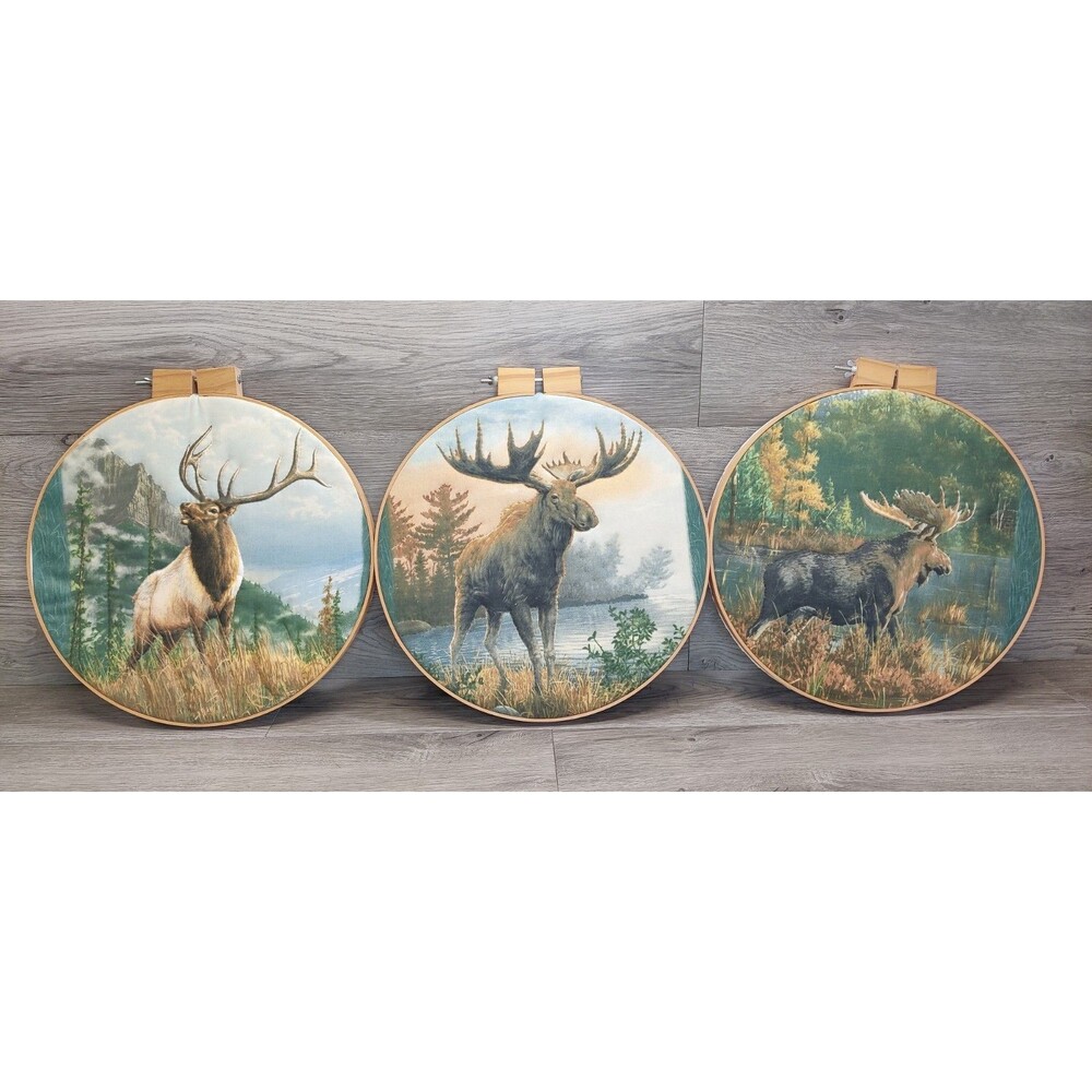 2 Moose 1 Elk Scene Puffy Quilted Needlework Hoop Framed Cabin Decor Wall Art